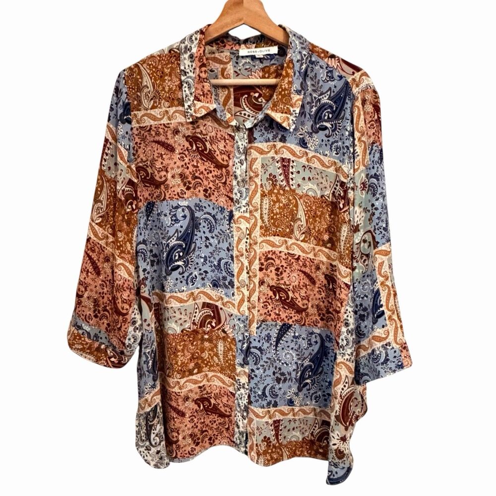 Rose & Olive Womens Oversized Patchwork Button Up Top Size 2X Paisley Boho Loose